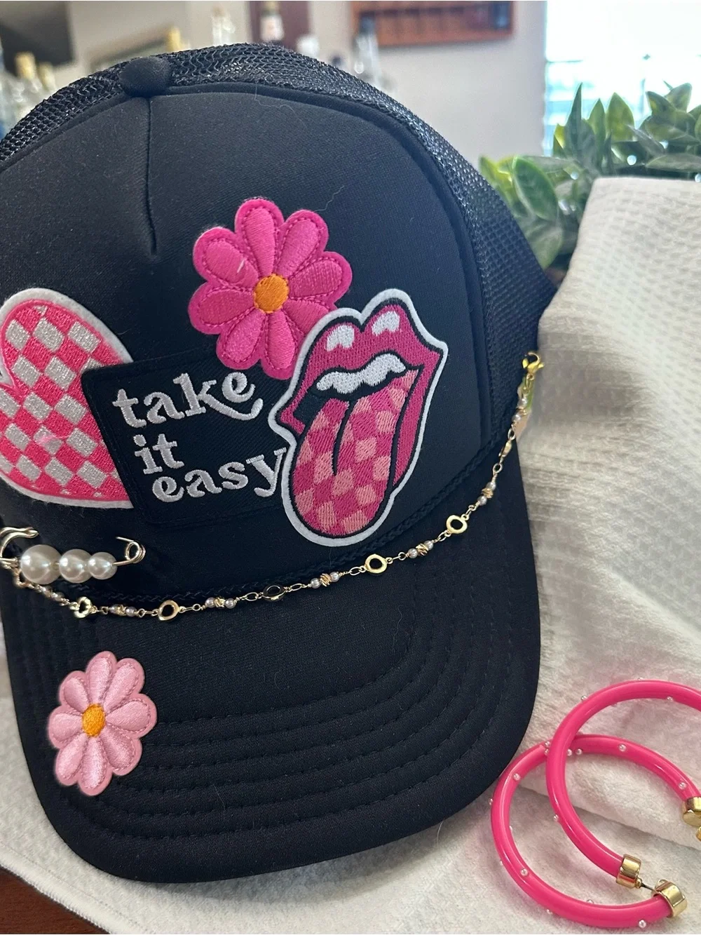 Trucker Hat – Pink Patches, Pearls & Chain